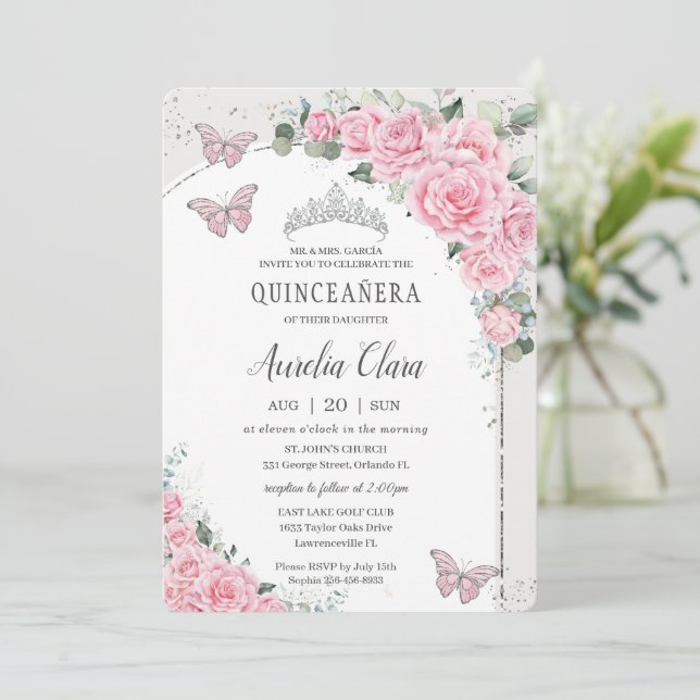 Invitación Princesa Floral Rosa Quinceañera 15 Mariposa Años