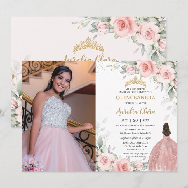 Invitación Princesa Floral Rosa Rosa Gold Quinceañera (Anverso / Reverso)