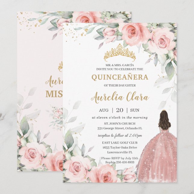 Invitación Princesa Floral Rosa Rosa Gold Quinceañera (Anverso / Reverso)