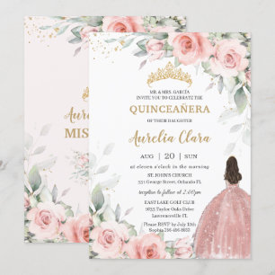 Invitación Princesa Floral Rosa Rosa Gold Quinceañera