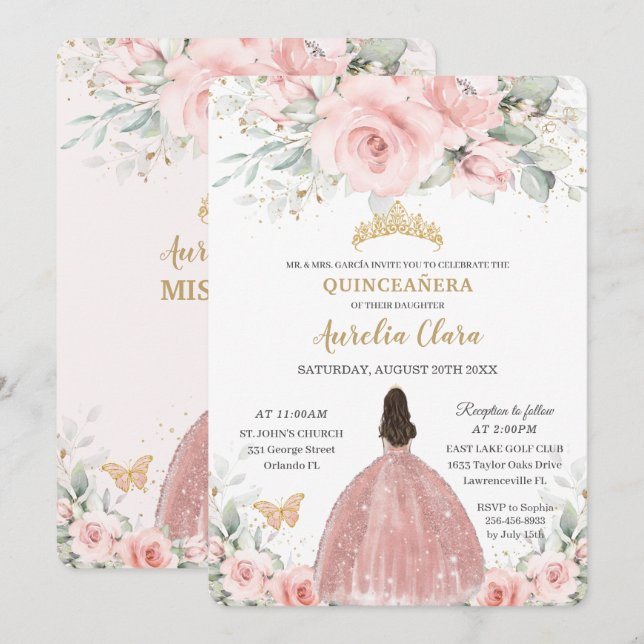 Invitación Princesa floral rosa Rubor Rosa Oro Quinceañera I (Anverso / Reverso)