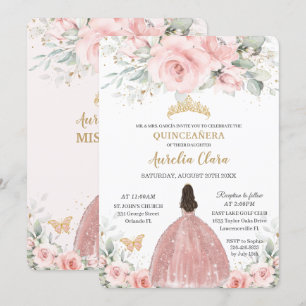 Invitación Princesa floral rosa Rubor Rosa Oro Quinceañera I
