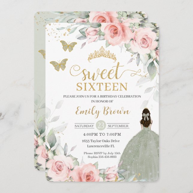 Invitación Princesa Floral Rosa Sage Green Sweet Dieciséis (Anverso / Reverso)
