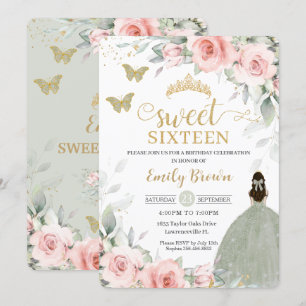 Invitación Princesa Floral Rosa Sage Green Sweet Dieciséis