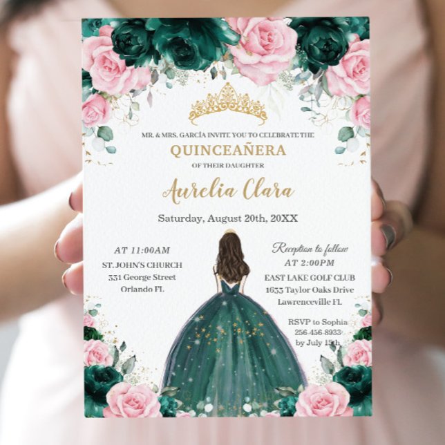 Invitación Princesa floral rosa verde esmeralda Quinceañera (Subido por el creador)