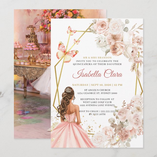 Invitación Princesa floral rosa y dorada de Rubor Quinceanera (Anverso / Reverso)