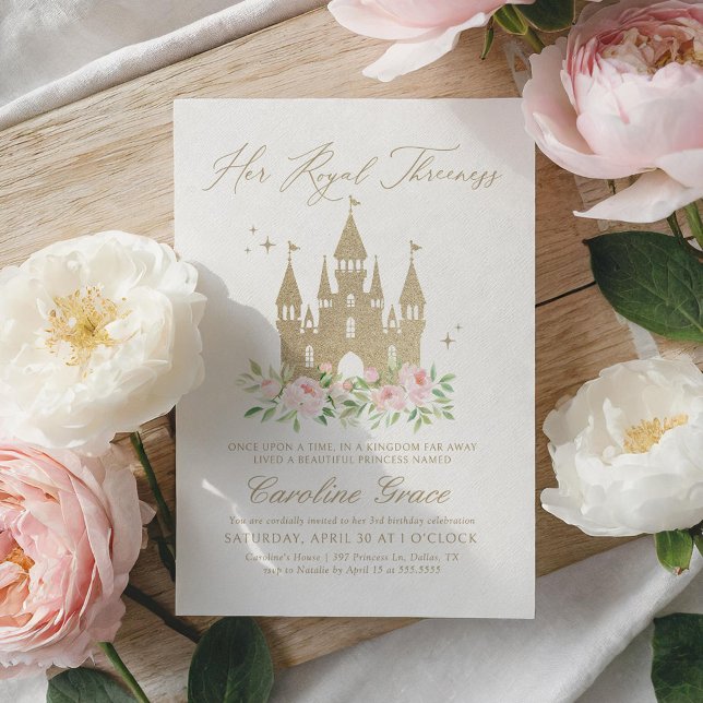 Invitación Princesa floral rosa y dorada tercer cumpleaños (Subido por el creador)