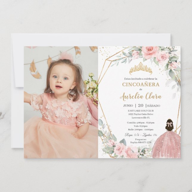 Invitación Princesa Floral Rubor Cincoañera 5 Foto de cumplea (Anverso)