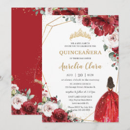 Invitación Princesa floral Rubor de marfil roja de quinceañer