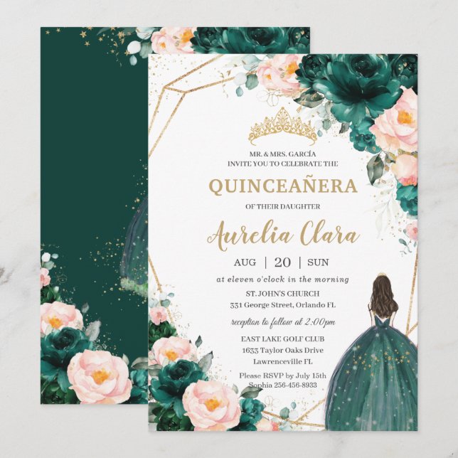 Invitación Princesa floral Rubor verde esmeralda de Quinceañe (Anverso / Reverso)