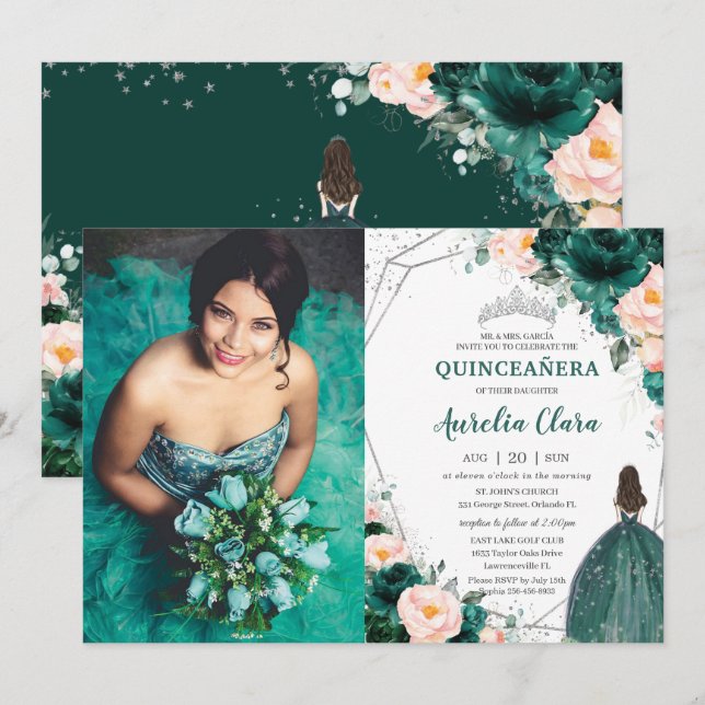 Invitación Princesa floral Rubor verde esmeralda de Quinceañe (Anverso / Reverso)
