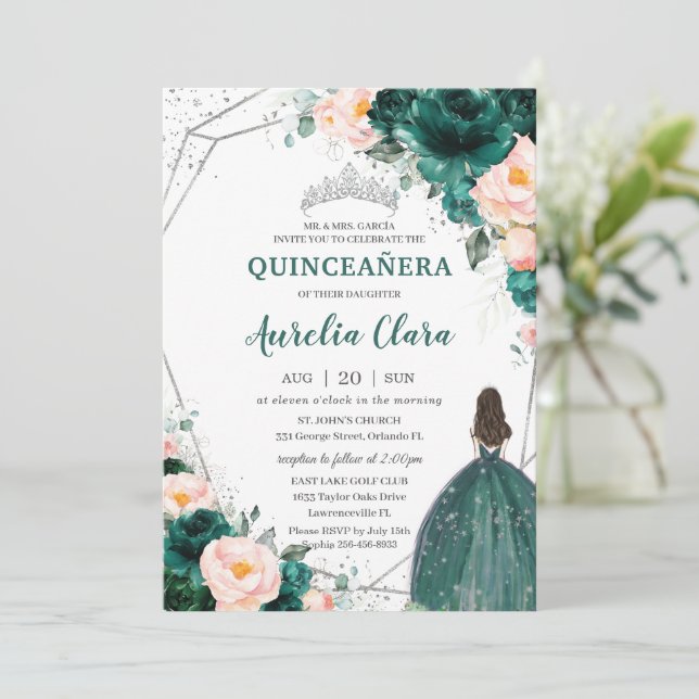 Invitación Princesa floral Rubor verde esmeralda de Quinceañe (Anverso de pie)