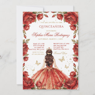 Invitación Princesa Floral Tiara Quinceañera de Oro Rojo