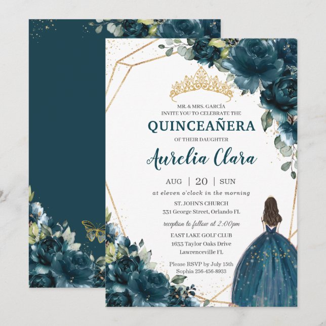 Invitación Princesa floral Verde azulada de pavo real (Anverso / Reverso)