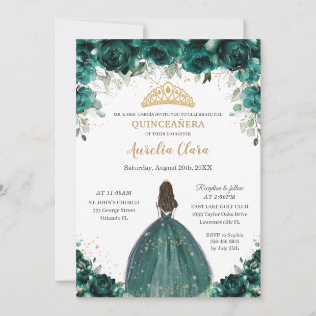 Invitación Princesa floral verde esmeralda de la moda Quincea (Anverso)