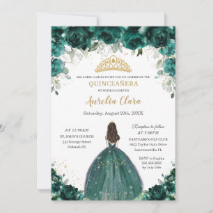 Invitación Princesa floral verde esmeralda de la moda Quincea