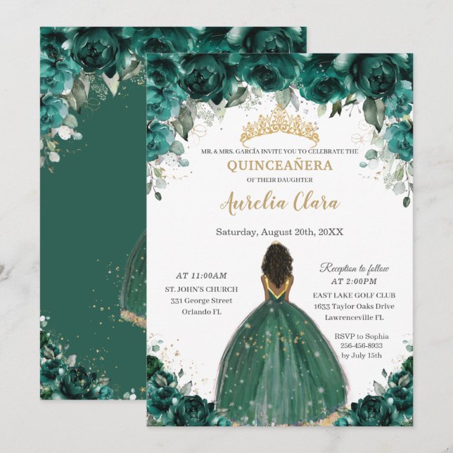 Invitación Princesa floral verde esmeralda de la moda Quincea (Anverso / Reverso)