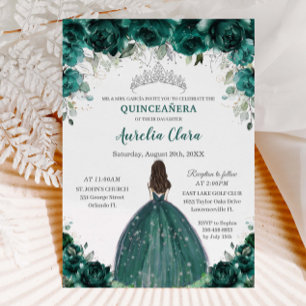 Invitación Princesa Floral verde esmeralda de Quinceañera de