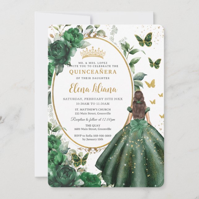 Invitación Princesa Floral Verde Esmeralda Gown Quinceañera (Anverso)