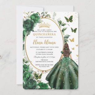 Invitación Princesa Floral Verde Esmeralda Gown Quinceañera