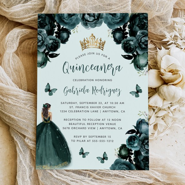 Invitación Princesa floral verde esmeralda Quinceañera (Subido por el creador)