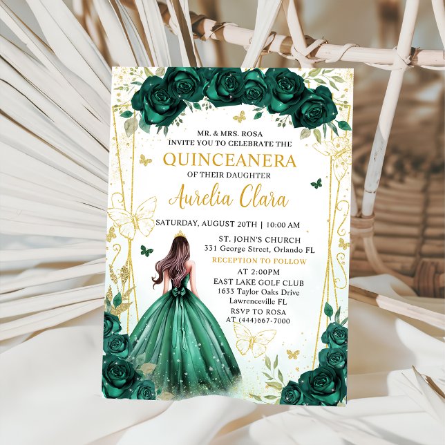 Invitación Princesa floral verde esmeralda Quinceañera (Subido por el creador)