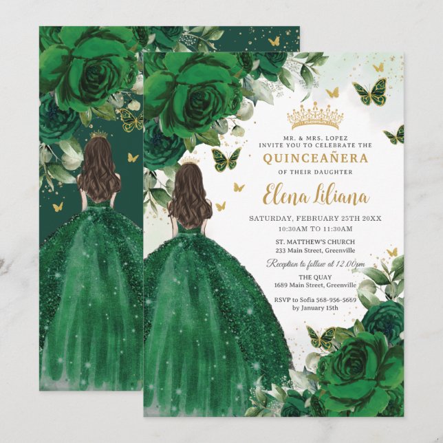 Invitación Princesa floral verde esmeralda Quinceañera dulce  (Anverso / Reverso)