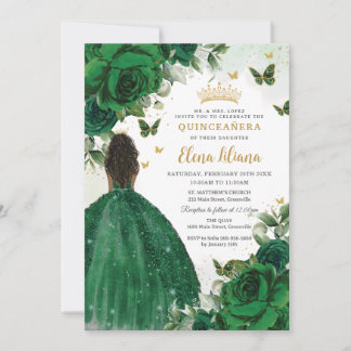 Invitación Princesa floral verde esmeralda Quinceañera dulce