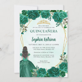 Invitación Princesa Floral Verde Esmeralda Tiara Quinceañera 