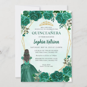 Invitación Princesa Floral Verde Esmeralda Tiara Quinceañera
