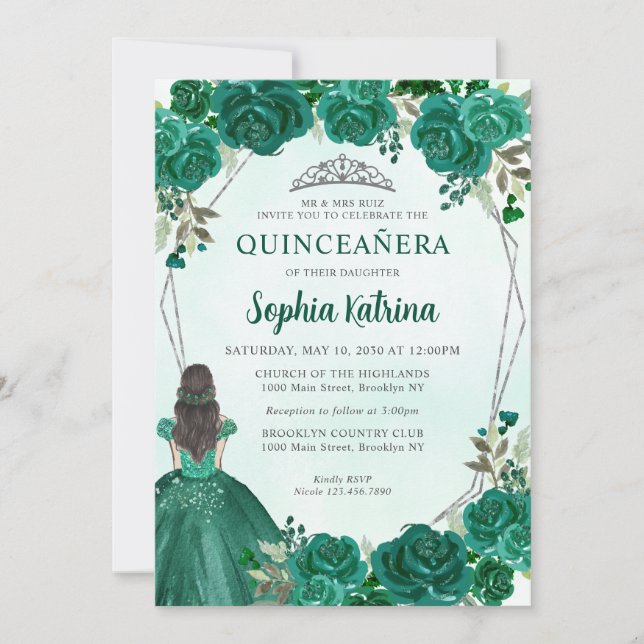 Invitación Princesa Floral Verde Esmeralda Tiara Quinceañera (Anverso)