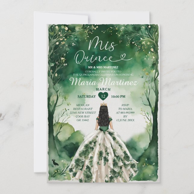 Invitación Princesa floral verde esmeralda vestido Mis Quince (Anverso)