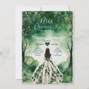 Invitación Princesa floral verde esmeralda vestido Mis Quince