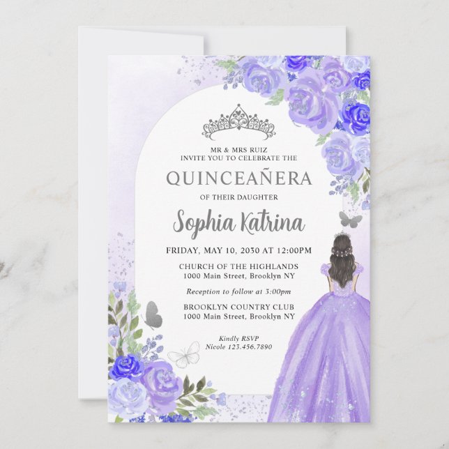 Invitación Princesa Floral Violeta Morada Cumpleaños Quincean (Anverso)