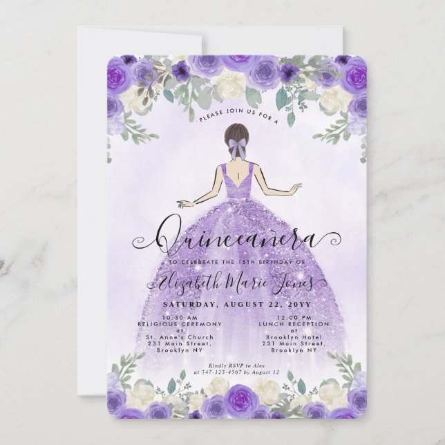Invitación Princesa Floral Violeta Morada Cumpleaños Quincean (Anverso)