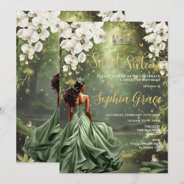 Invitación Princesa Floral y Dulce de Vestido Verde de Rana 1 (Anverso / Reverso)