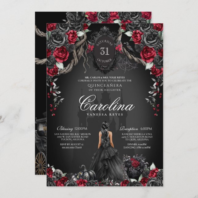 Invitación Princesa gótica de Halloween de Quinceanera roja y (Anverso / Reverso)