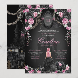 Invitación Princesa gótica Halloween Negro rosa Quinceanera
