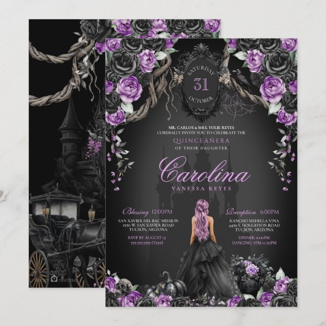 Invitación Princesa gótica morada Halloween Quinceañera (Anverso / Reverso)