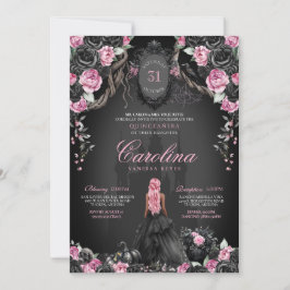 Invitación Princesa gótica negra y rosa de Halloween Quinceañ
