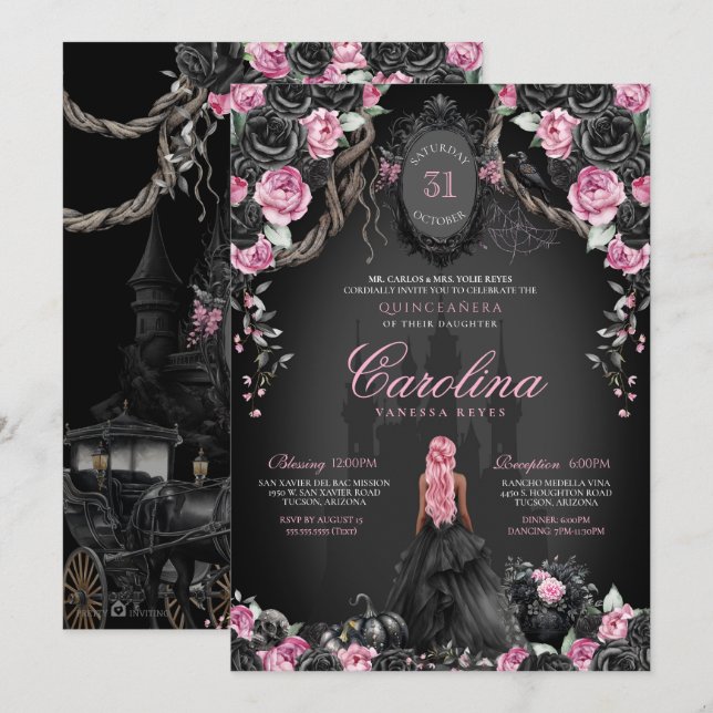 Invitación Princesa gótica negra y rosa de Halloween Quinceañ (Anverso / Reverso)
