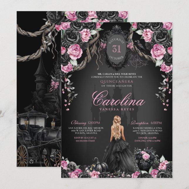 Invitación Princesa gótica negra y rosa de Halloween Quinceañ (Anverso / Reverso)