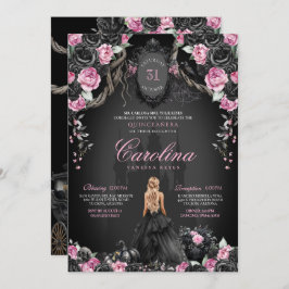 Invitación Princesa gótica negra y rosa de Halloween Quinceañ