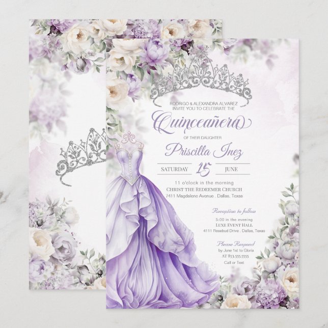 Invitación Princesa Gown Gown Elegante Luminosa Quinceanera (Anverso / Reverso)