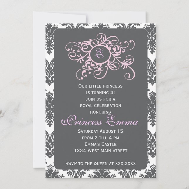 Invitación Princesa gris y rosada Damask Invitation (Anverso)