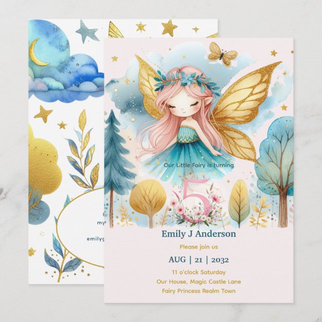 Invitación Princesa Hada 5º cumpleaños CINCO Fairycore Rosa (Anverso / Reverso)