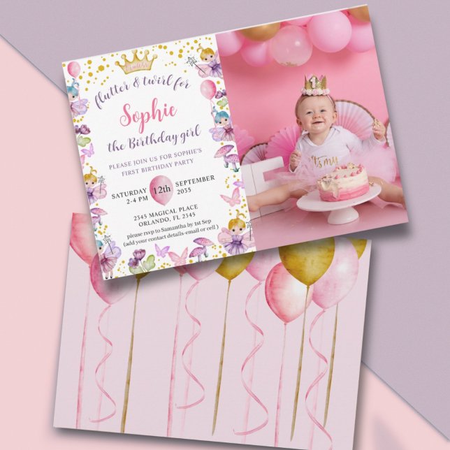 Invitación Princesa Hada Rosa y Dorado Cumpleaños 1  (Subido por el creador)
