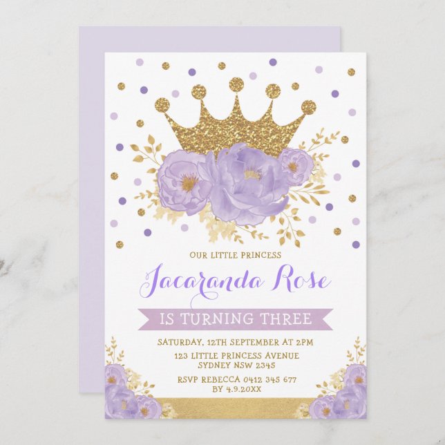 Invitación Princesa Heredera Floral de Oro Violeta Púrpura Cu (Anverso / Reverso)