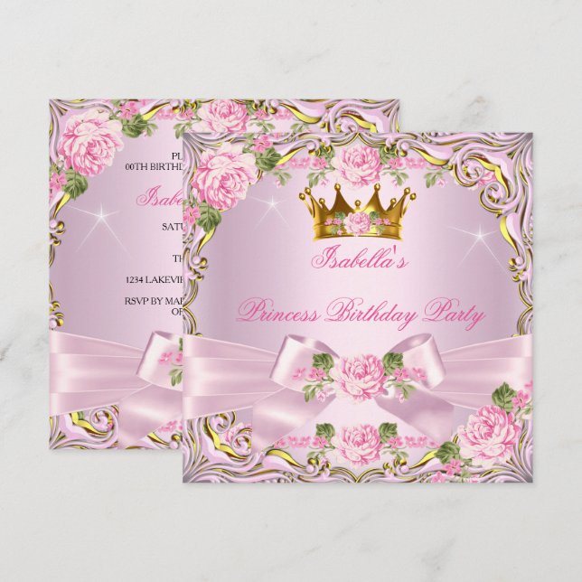 Invitación Princesa Hermoso Rubor Rosas Doradas Cumpleaños (Anverso / Reverso)