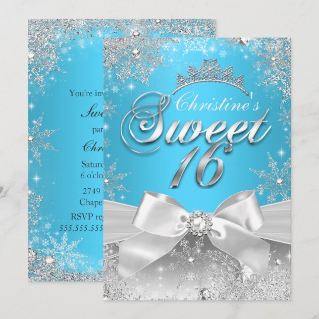 Invitación Princesa Invierno Azul Dulces 16 (Anverso / Reverso)